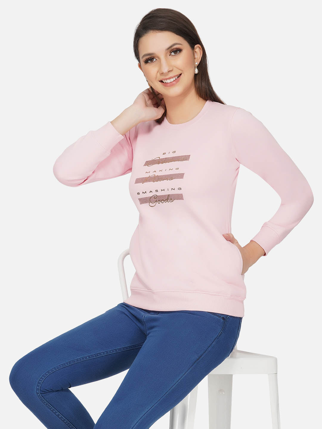 Baby Pink Winter Printed Fleece Sweatshirt