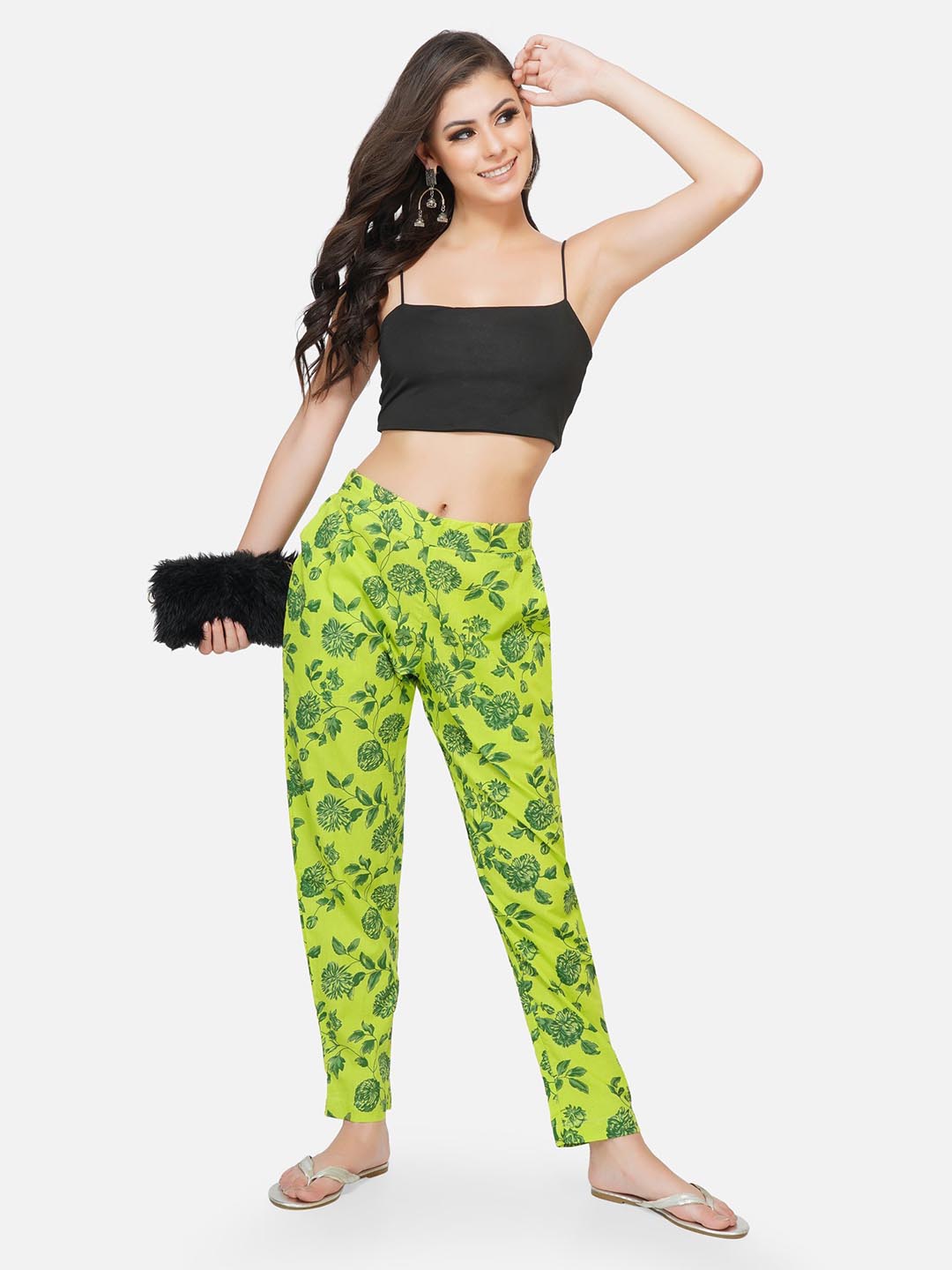 Green Printed Tapered Pants Only