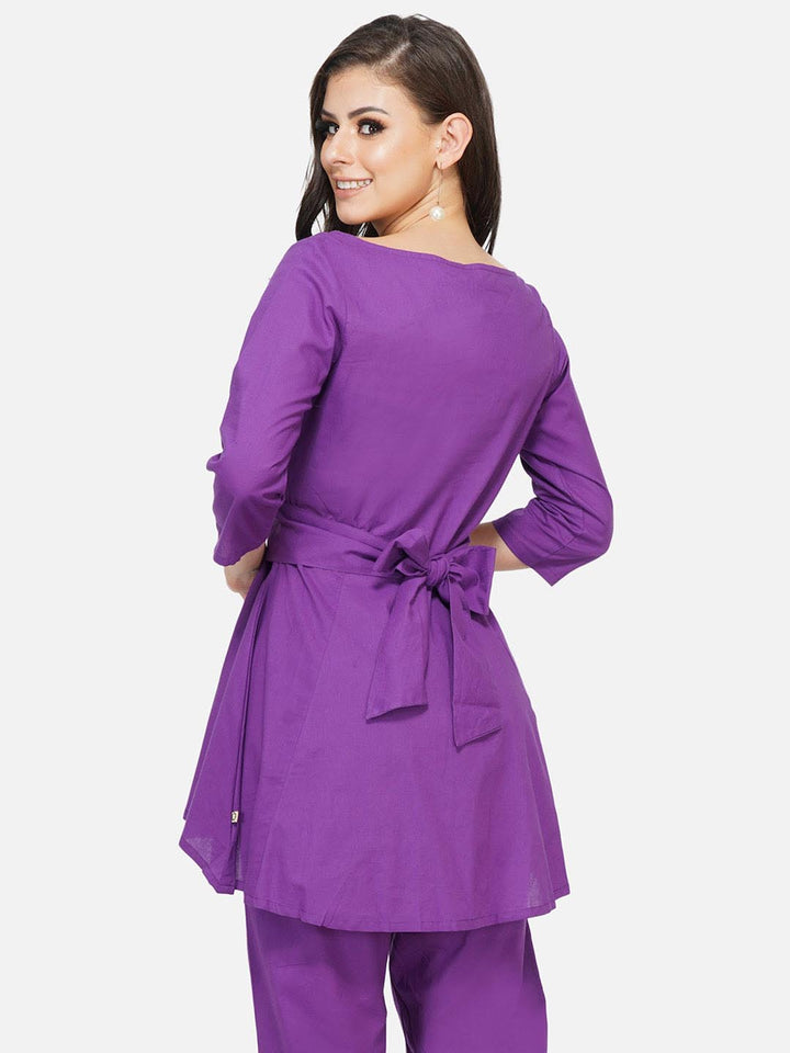 Purple Peplum Tunic With Printed Tie Up