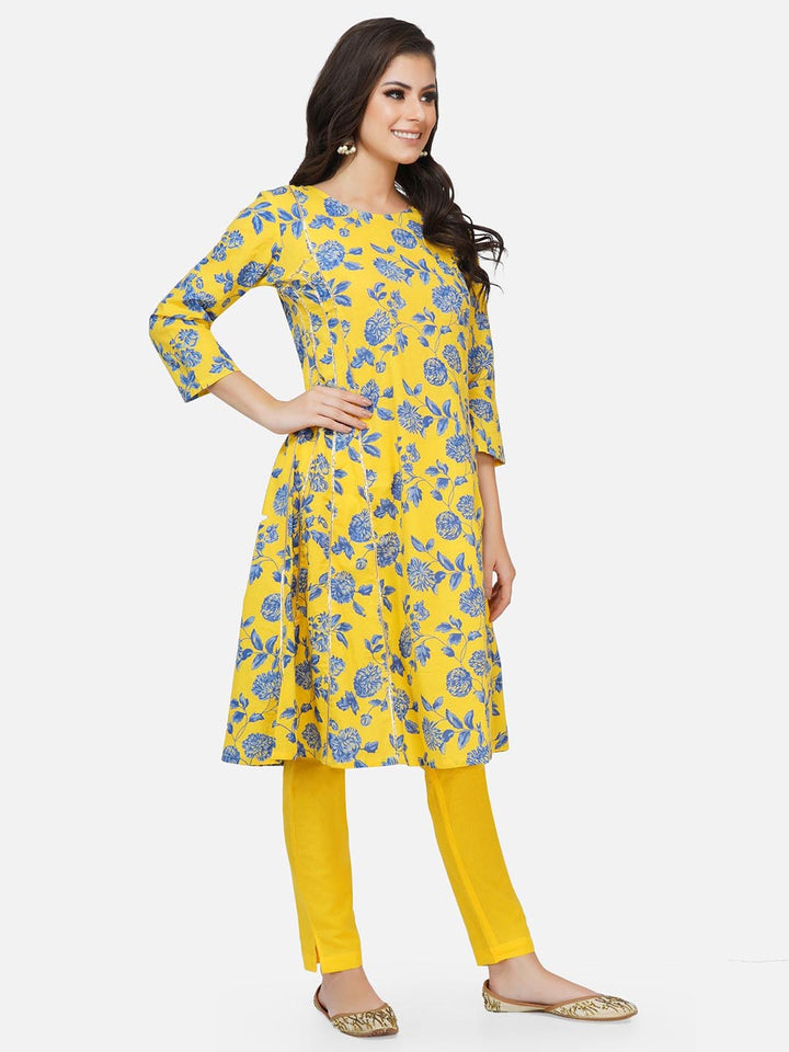 Yellow Printed A-Line Kurta & Pants Set