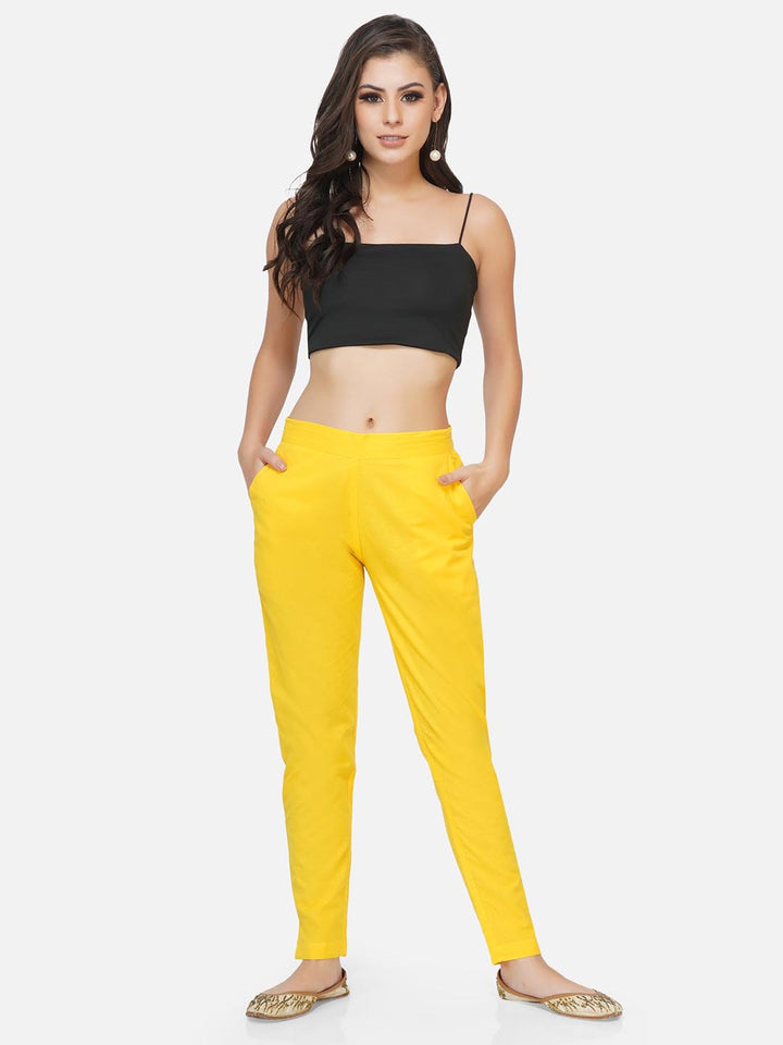 Yellow Cotton Solid Tapered Pants Only