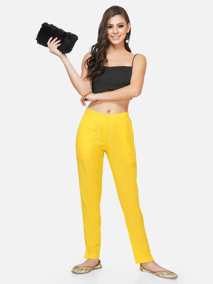 Yellow Cotton Solid Tapered Pants Only