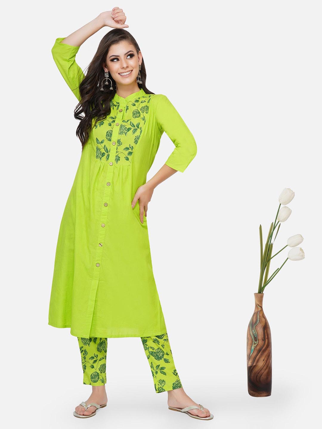 Green Solid Front Placket Kurta Only