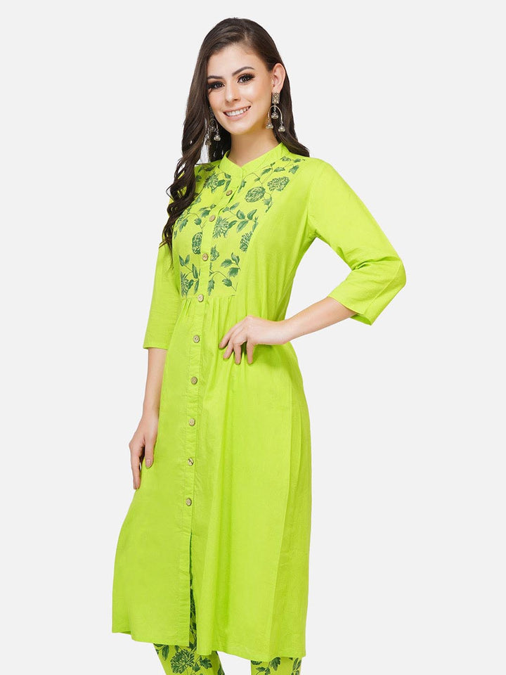 Green Solid Front Placket Kurta Only