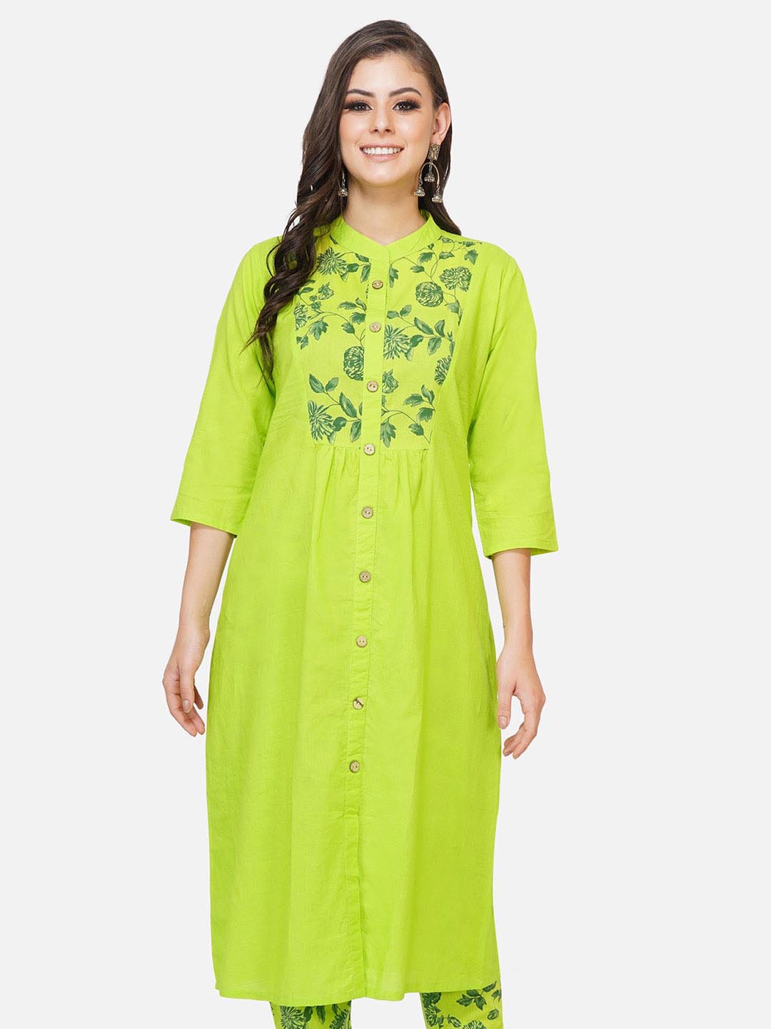 Green Solid Front Placket Kurta Only