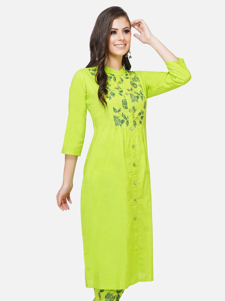 Green Solid Front Placket Kurta Only