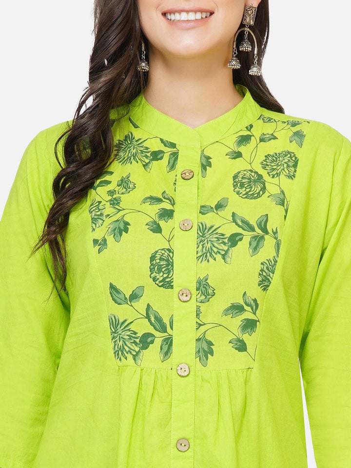 Green Solid Front Placket Kurta Only