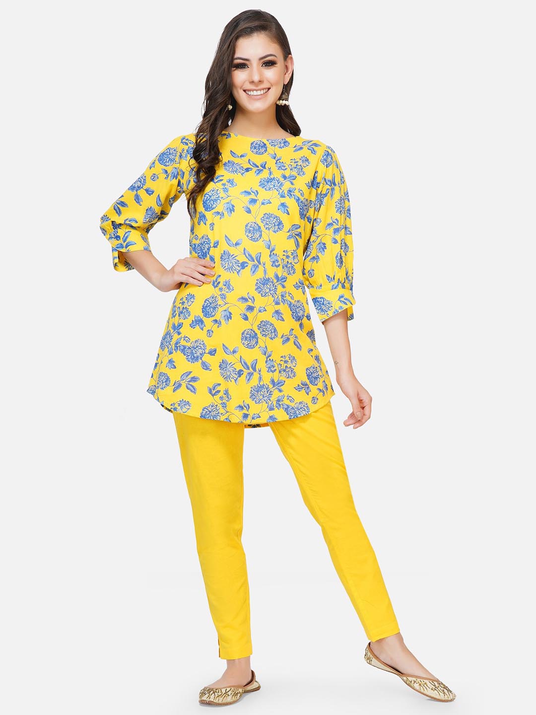 Yellow Printed Stylised Sleeves Tunic