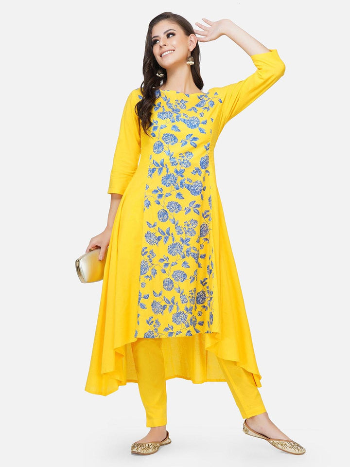 Yellow Printed Centre Panel Kurta Only