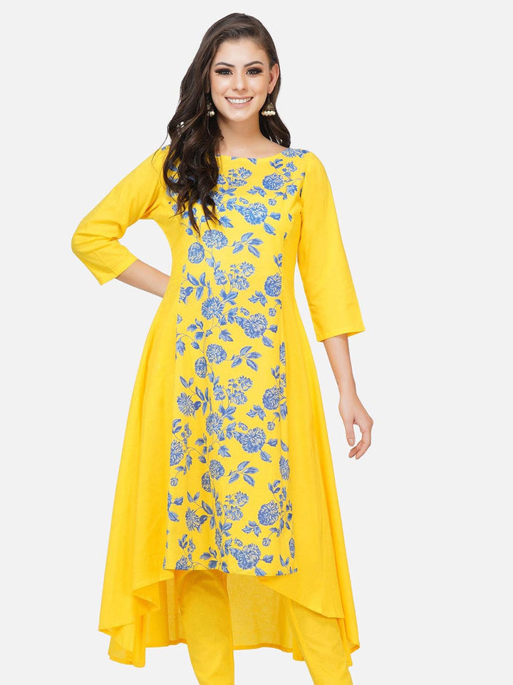 Yellow Printed Centre Panel Kurta Only