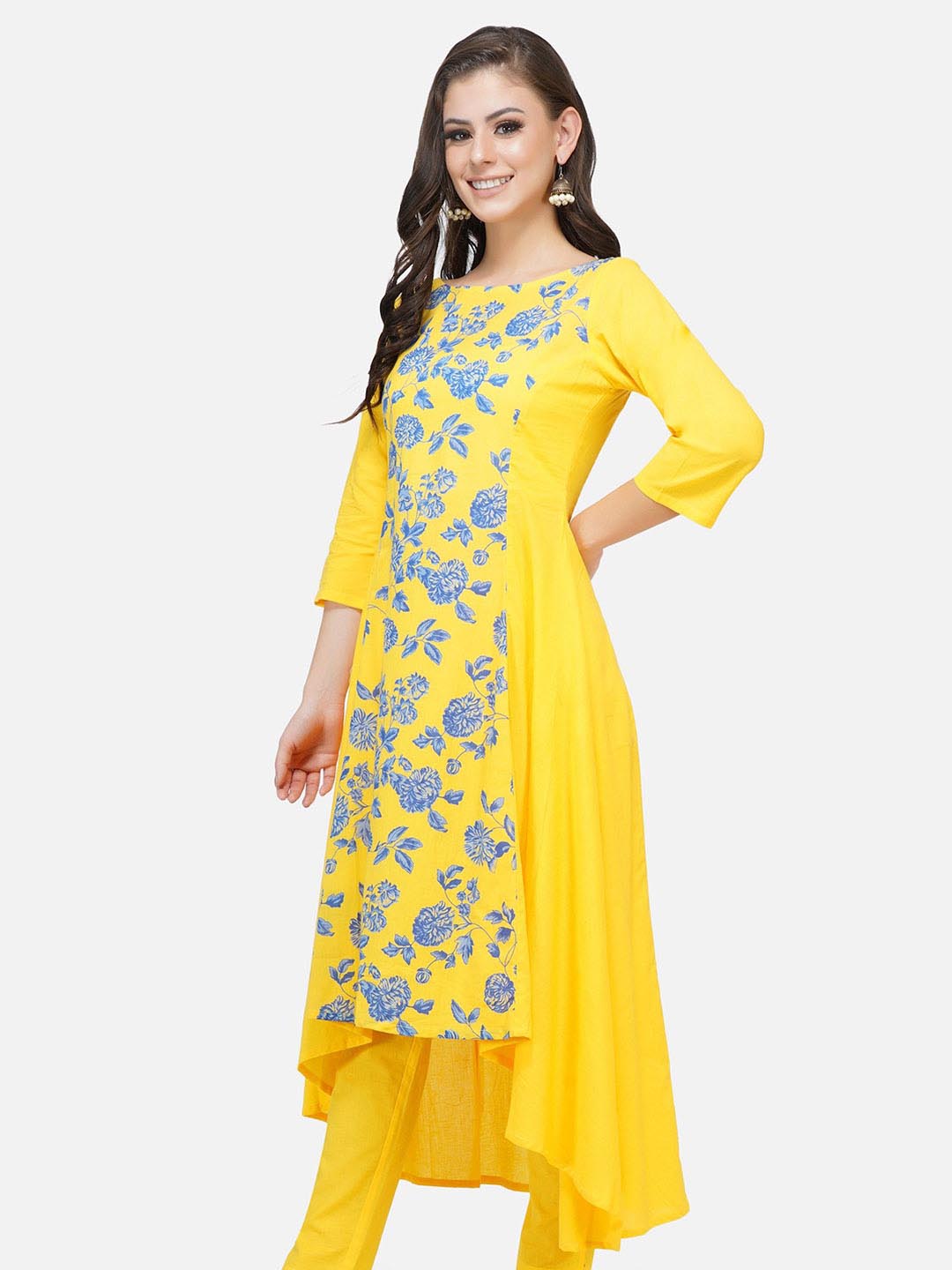 Yellow Printed Centre Panel Kurta Only