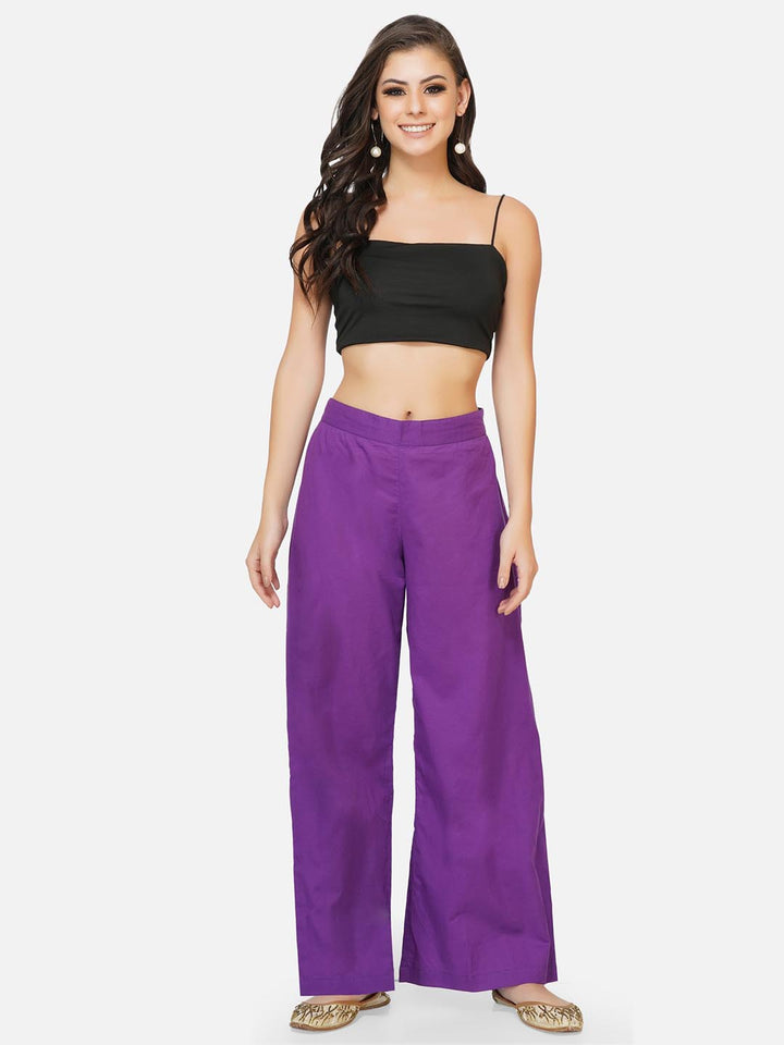 Purple Solid Straight Pants With Pockets