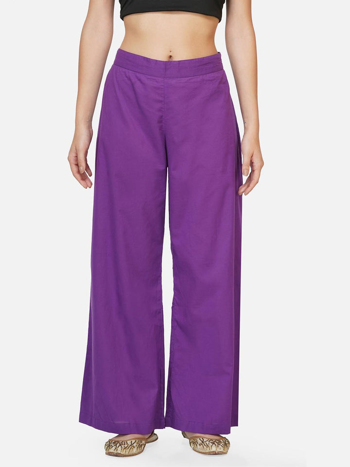 Purple Solid Straight Pants With Pockets