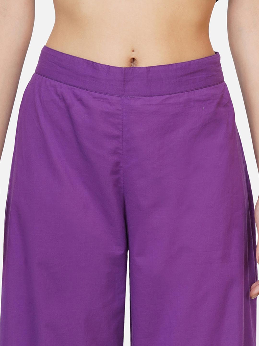 Purple Solid Straight Pants With Pockets