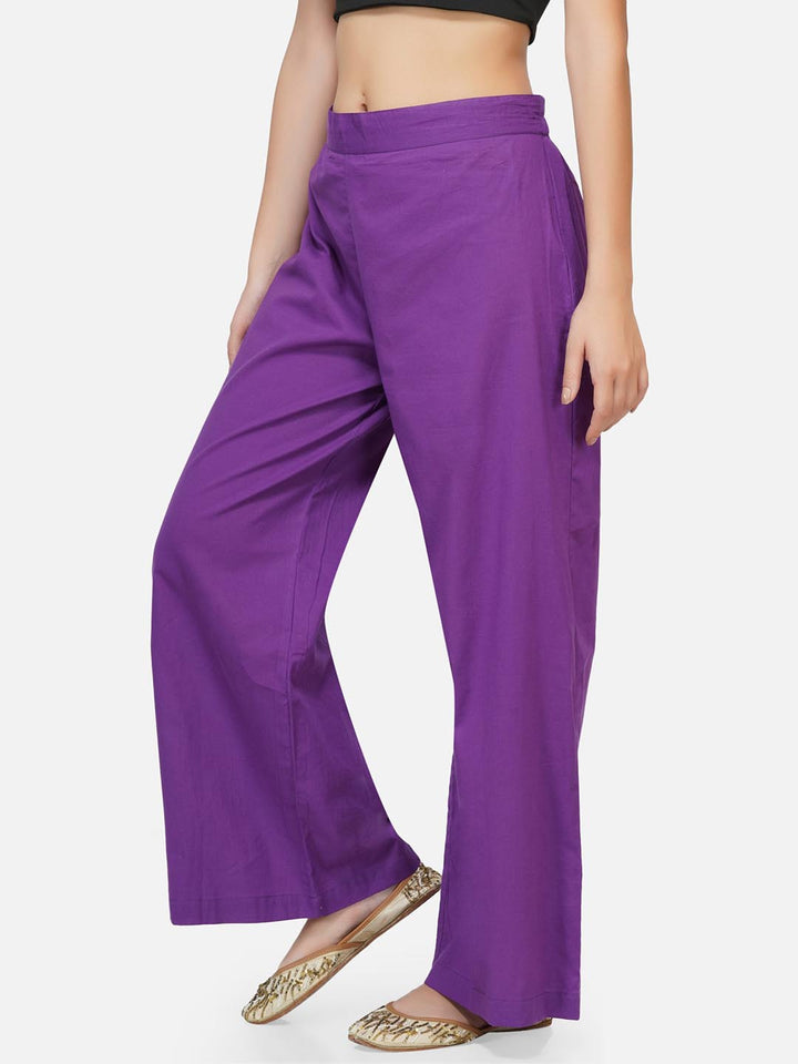 Purple Solid Straight Pants With Pockets