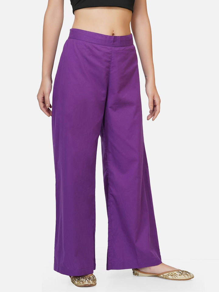 Purple Solid Straight Pants With Pockets