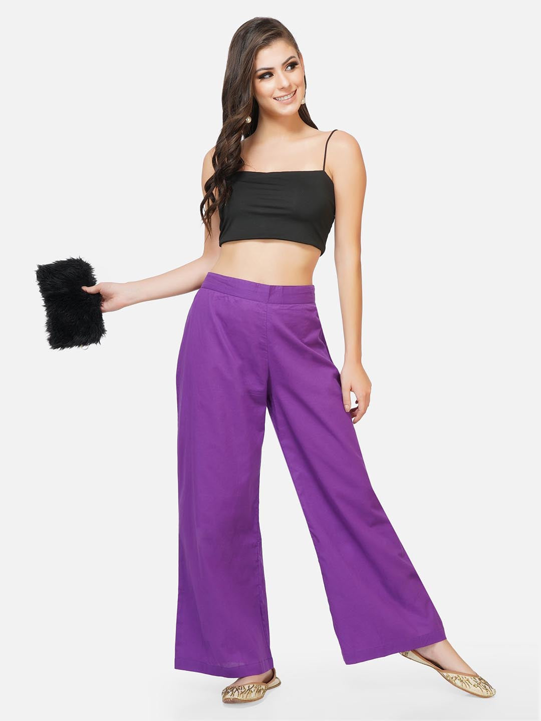 Purple Solid Straight Pants With Pockets