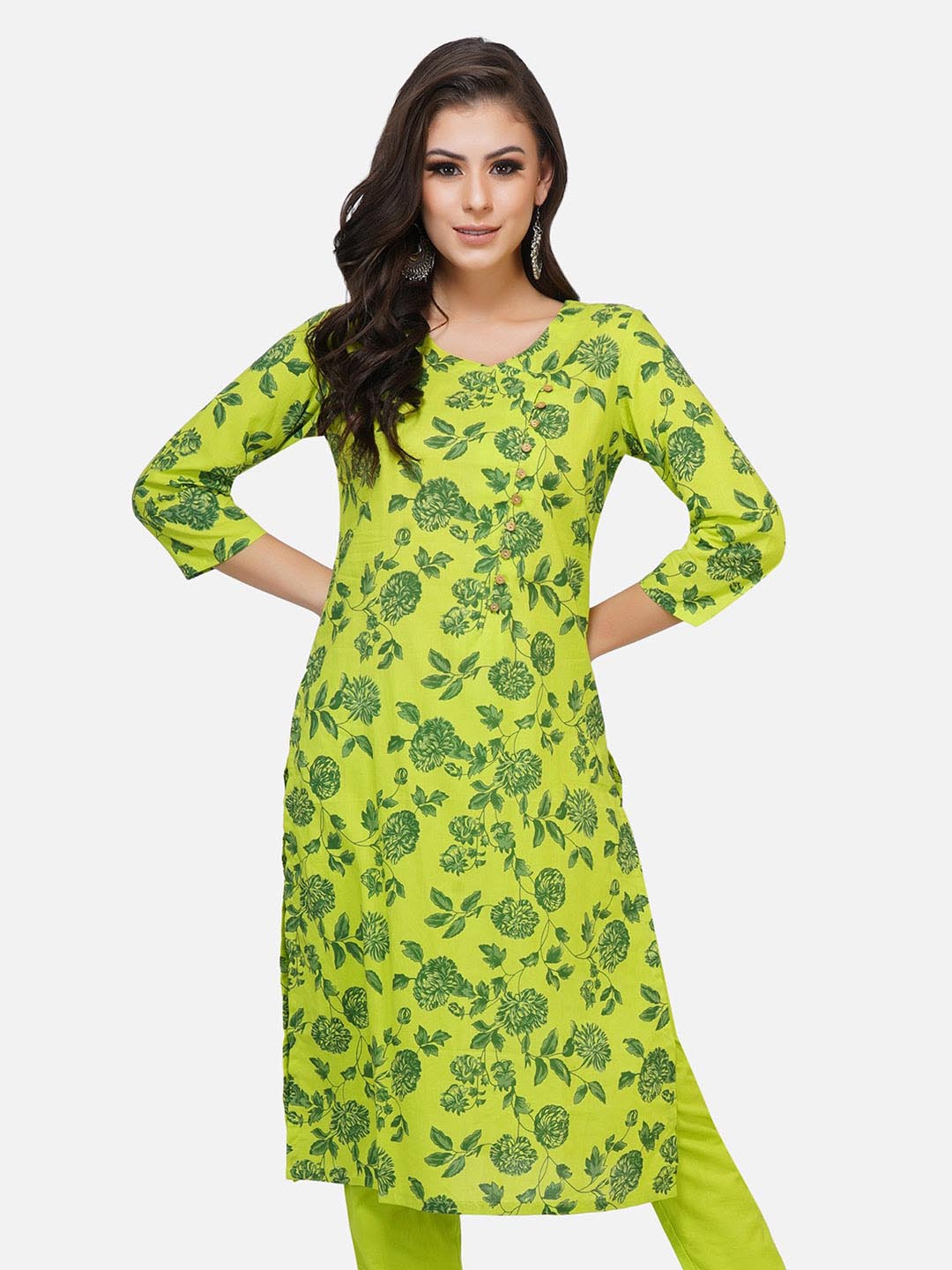 Green Printed Straight Kurta Only