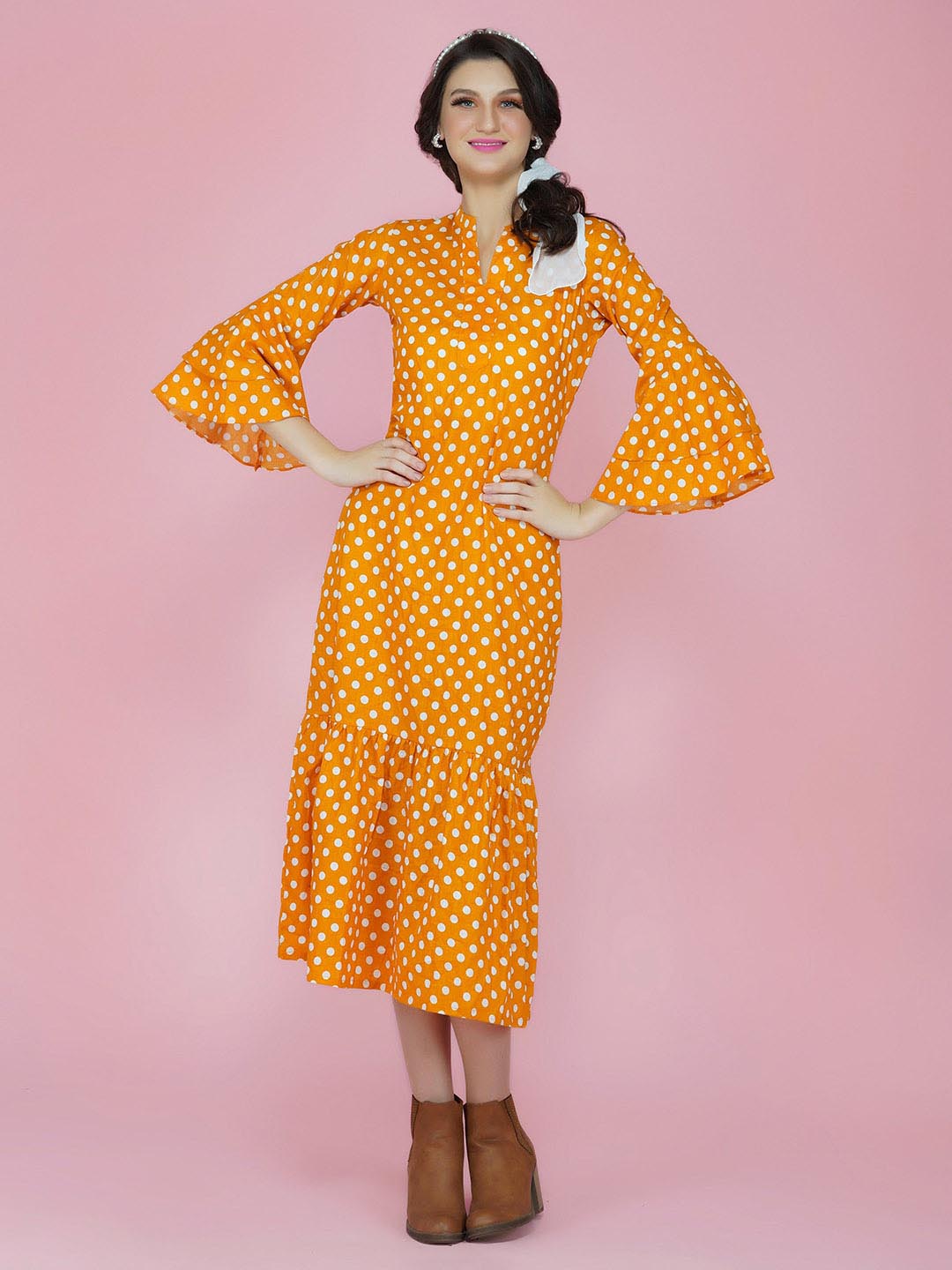 Yellow & White Polka Dot Cotton Long Dress