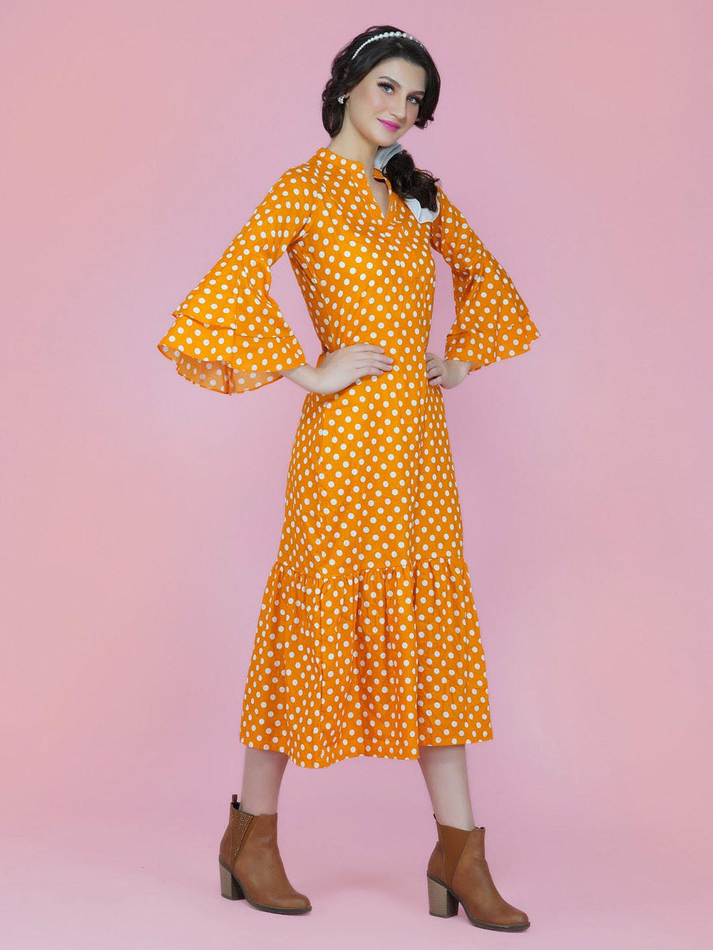 Yellow & White Polka Dot Cotton Long Dress