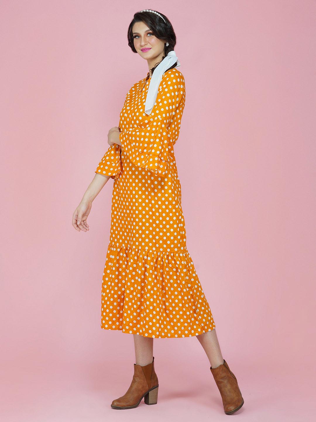 Yellow & White Polka Dot Cotton Long Dress