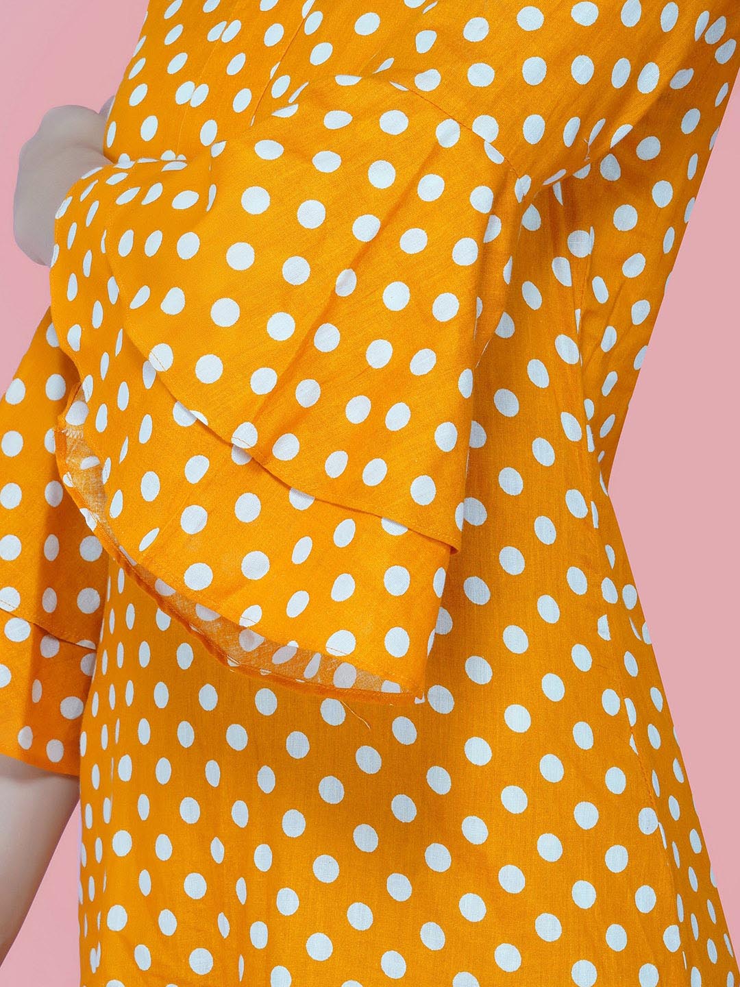 Yellow & White Polka Dot Cotton Long Dress