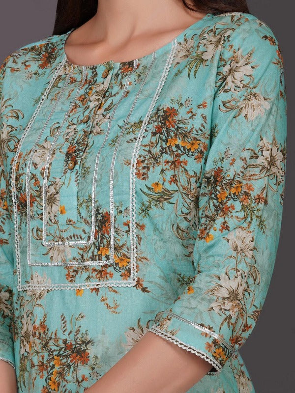 Turquoise Floral Straight Printed Kurta