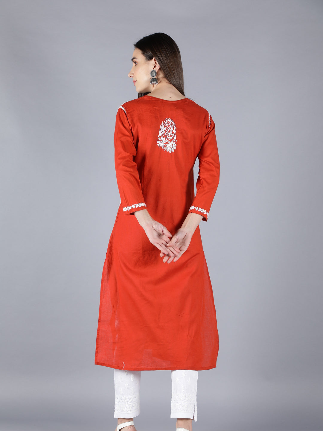 Embroidered Chikankari Rust Cotton Kurta