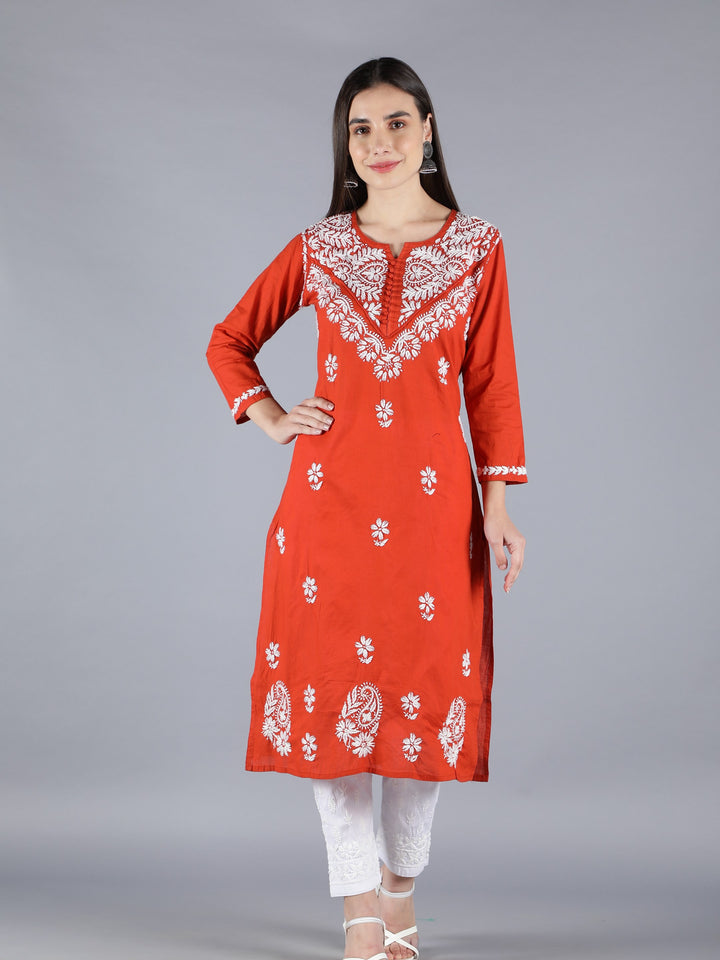 Embroidered Chikankari Rust Cotton Kurta