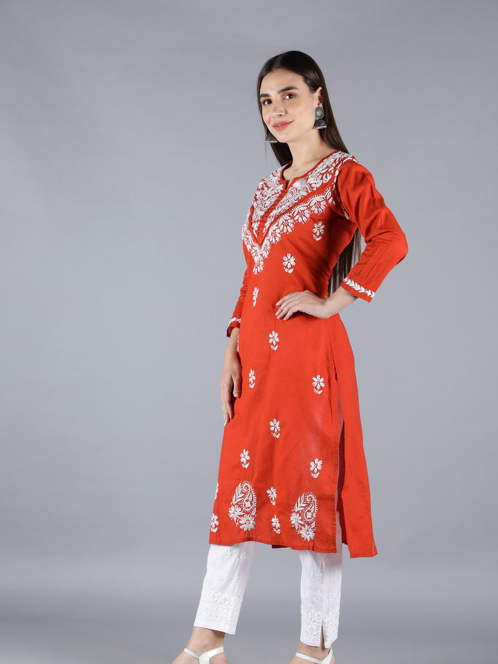 Embroidered Chikankari Rust Cotton Kurta