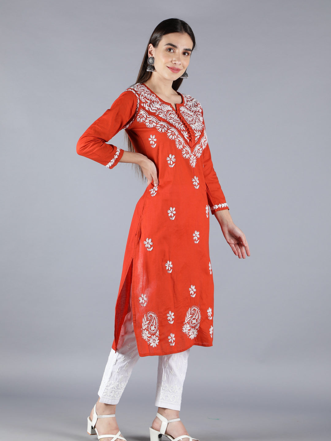 Embroidered Chikankari Rust Cotton Kurta