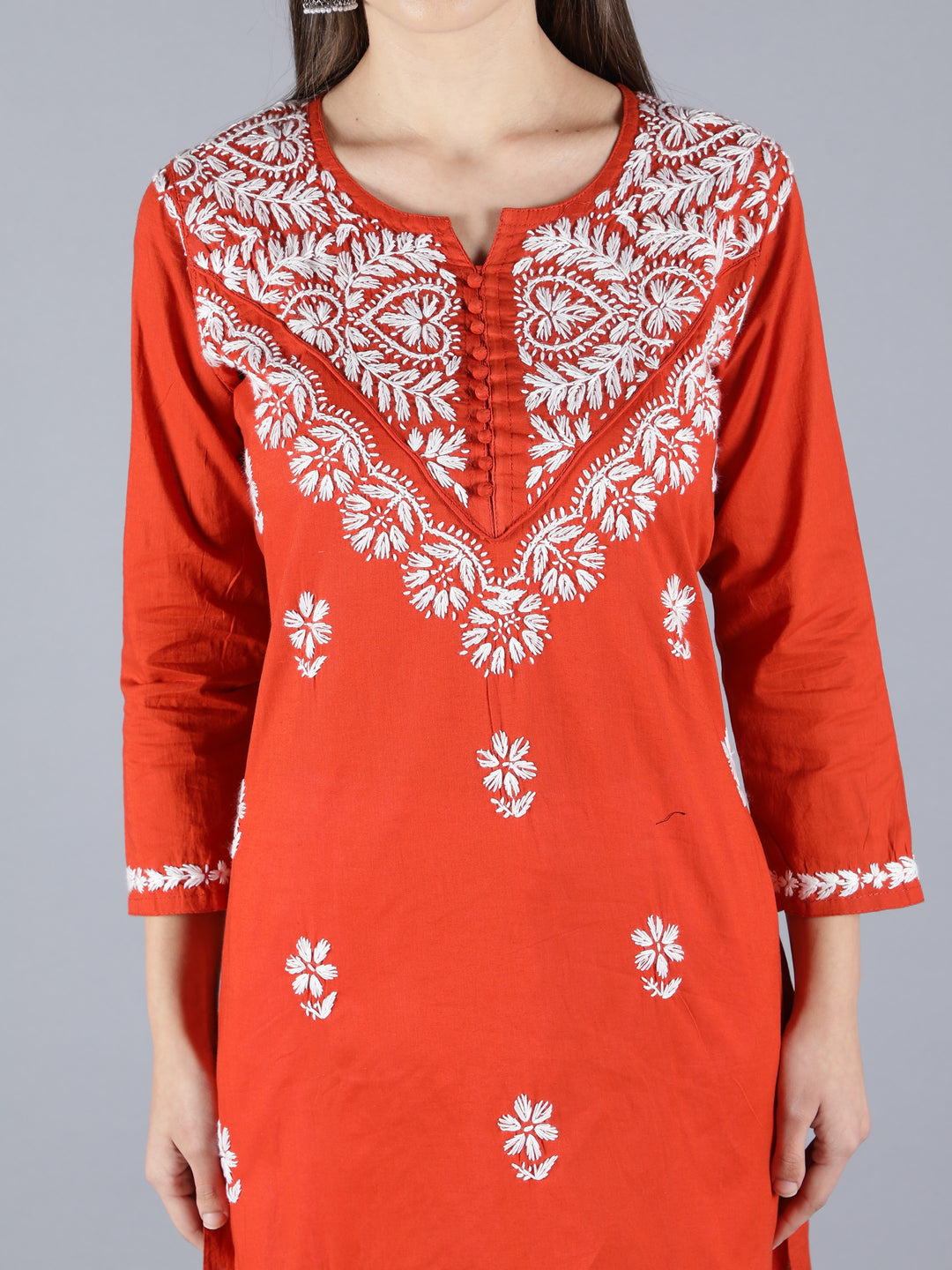 Embroidered Chikankari Rust Cotton Kurta