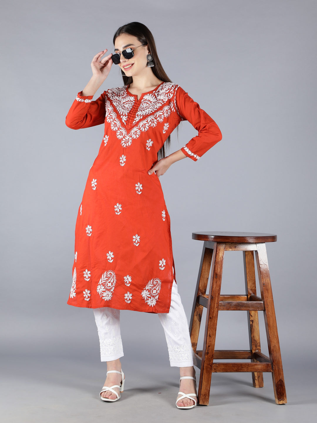 Embroidered Chikankari Rust Cotton Kurta