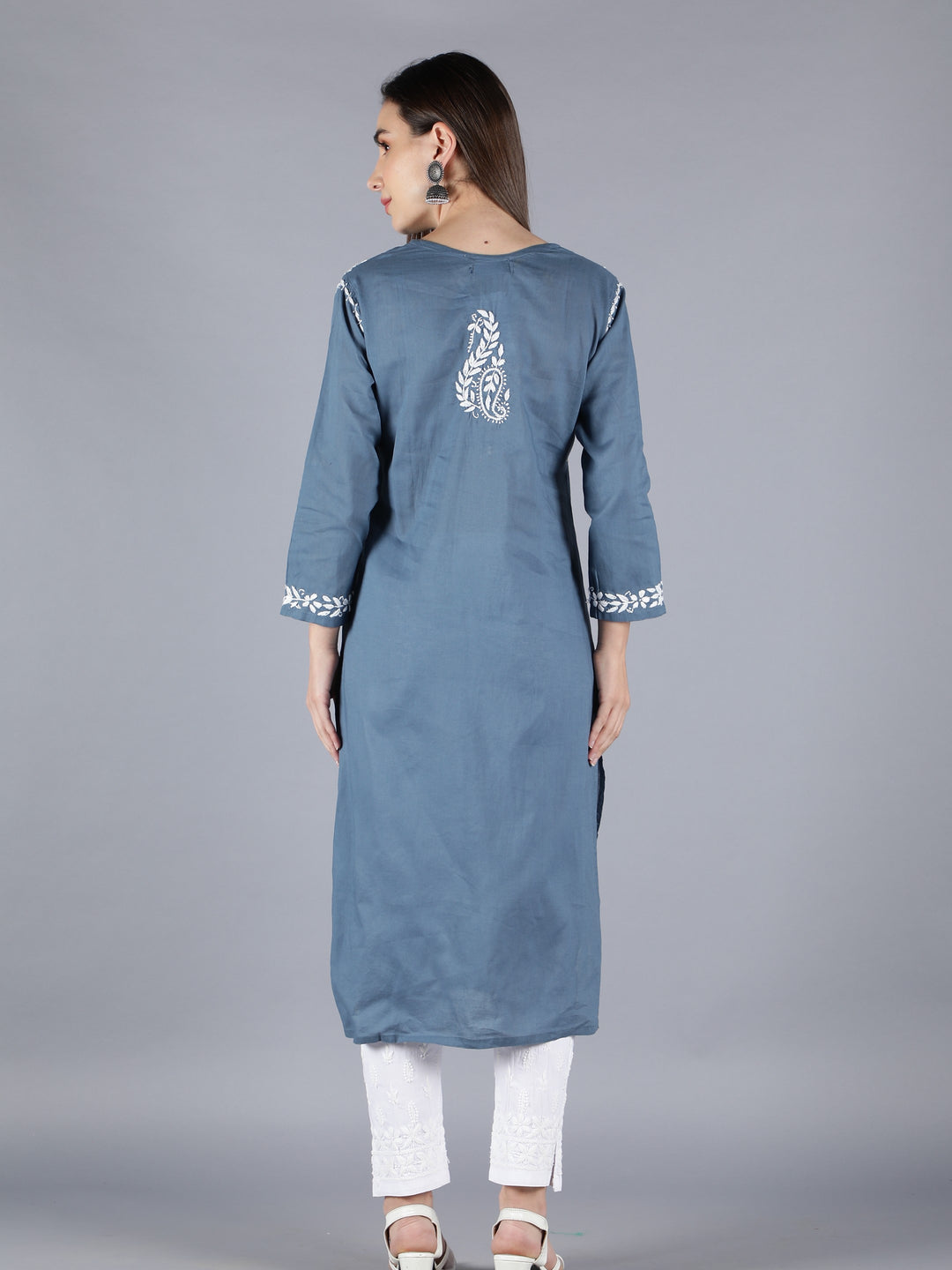 Embroidered Chikankari Grey Cotton Kurta