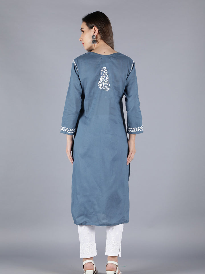 Embroidered Chikankari Grey Cotton Kurta