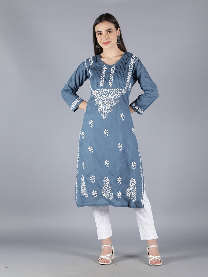 Embroidered Chikankari Grey Cotton Kurta