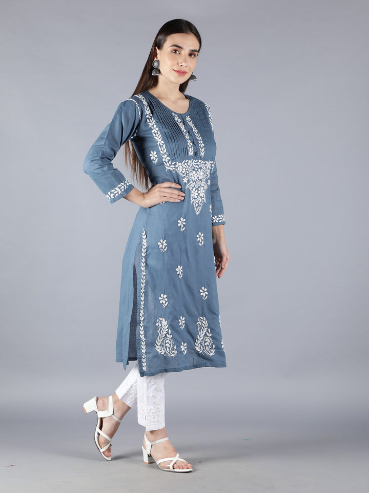 Embroidered Chikankari Grey Cotton Kurta