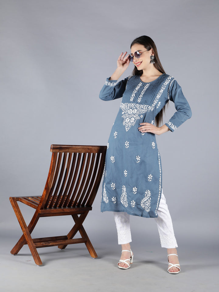 Embroidered Chikankari Grey Cotton Kurta