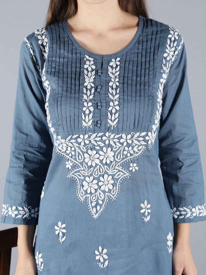 Embroidered Chikankari Grey Cotton Kurta