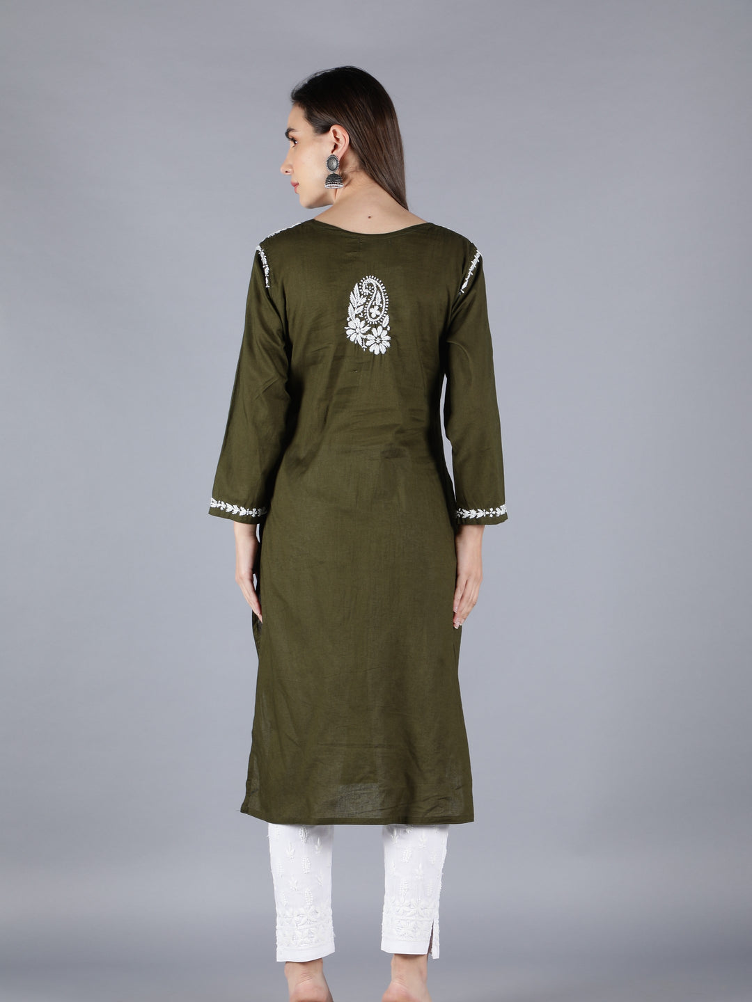 Embroidered Chikankari Mehendi Green Kurta