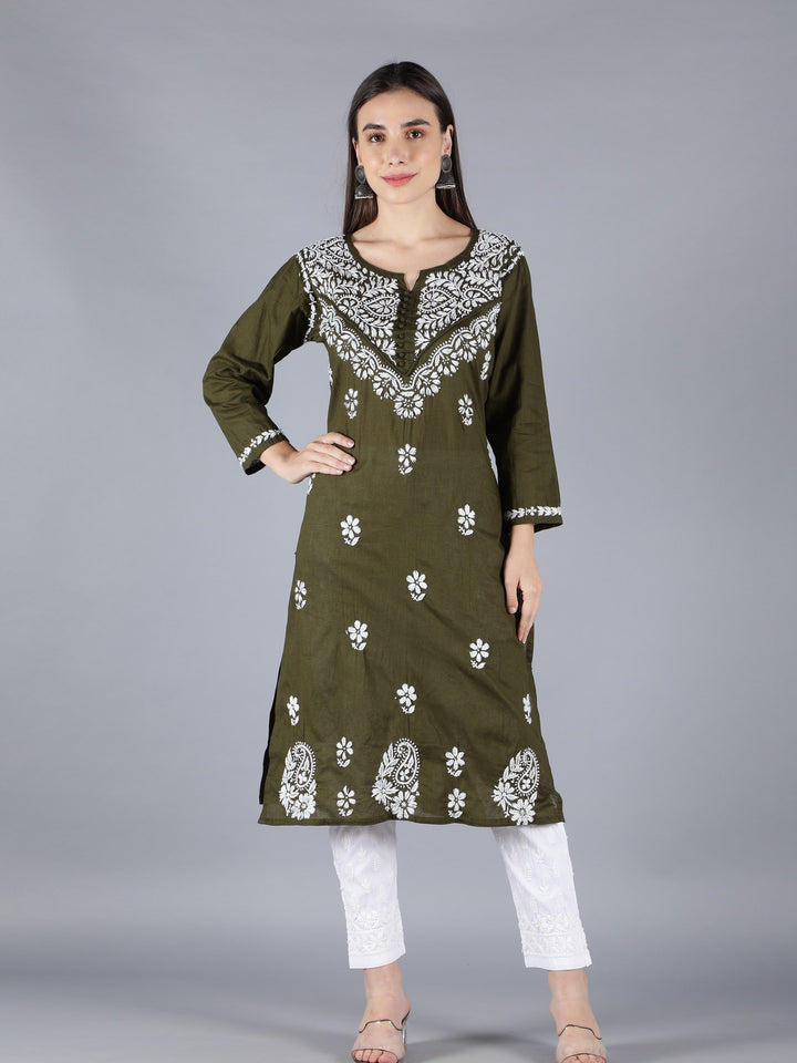 Embroidered Chikankari Mehendi Green Kurta