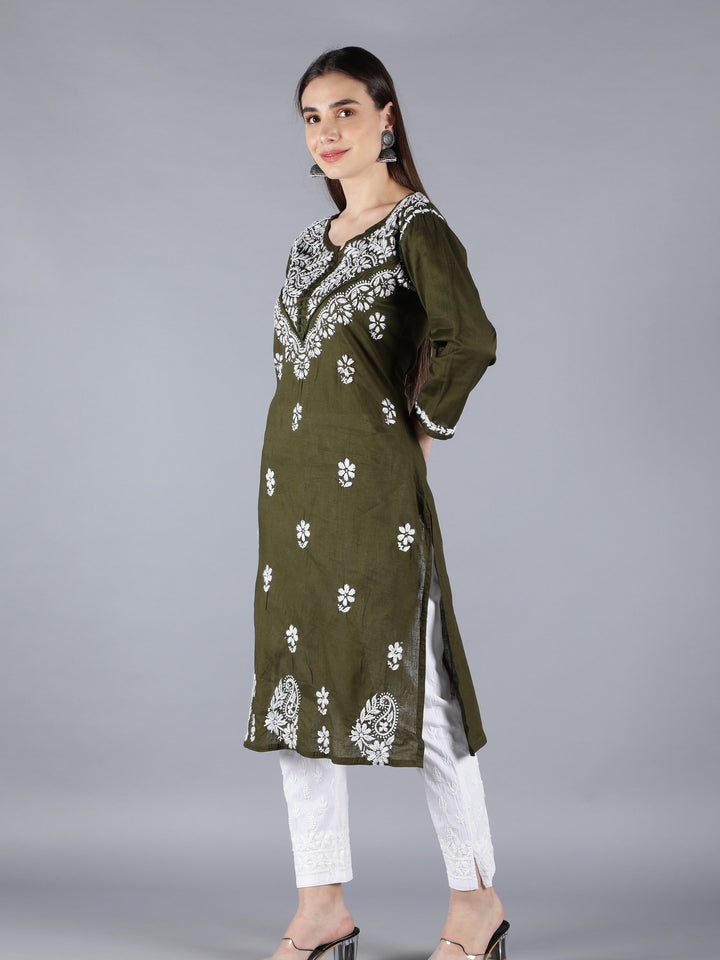 Embroidered Chikankari Mehendi Green Kurta