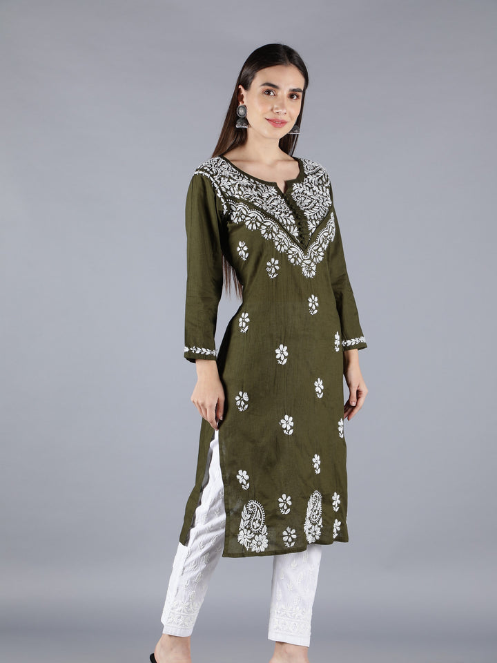 Embroidered Chikankari Mehendi Green Kurta