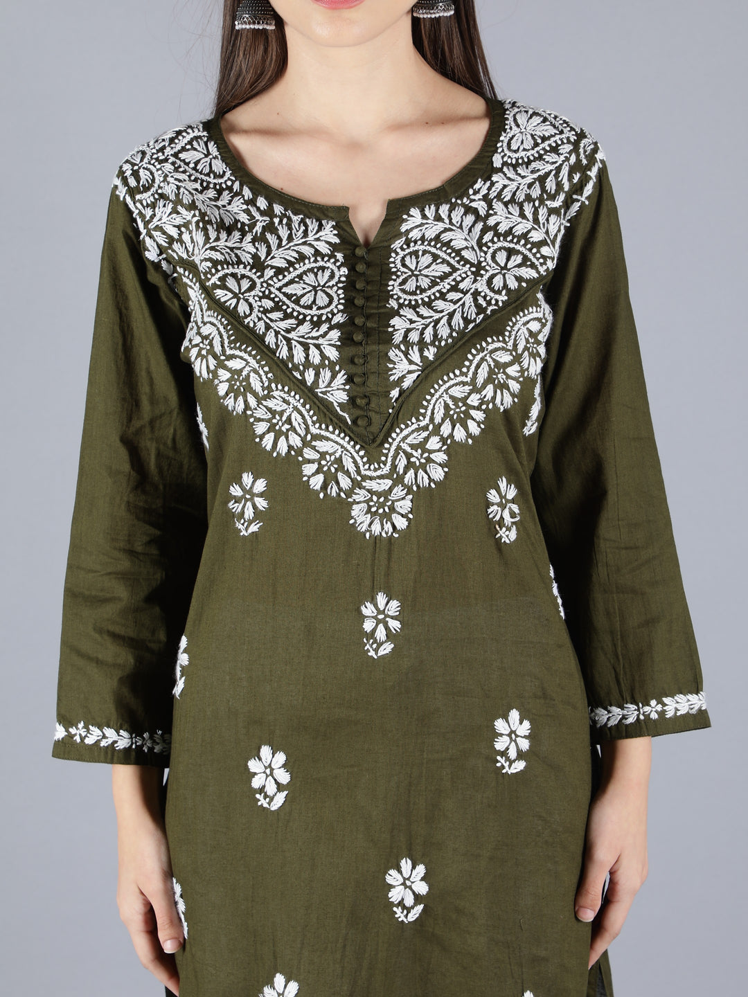 Embroidered Chikankari Mehendi Green Kurta