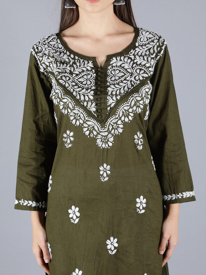 Embroidered Chikankari Mehendi Green Kurta