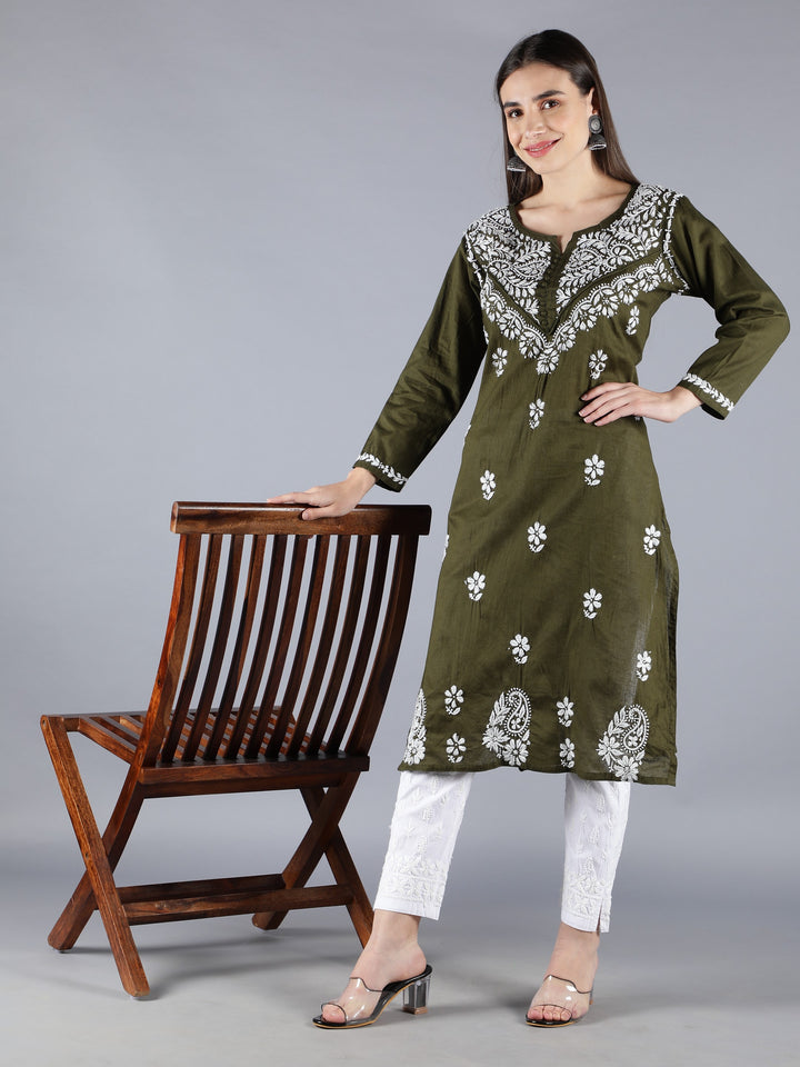 Embroidered Chikankari Mehendi Green Kurta