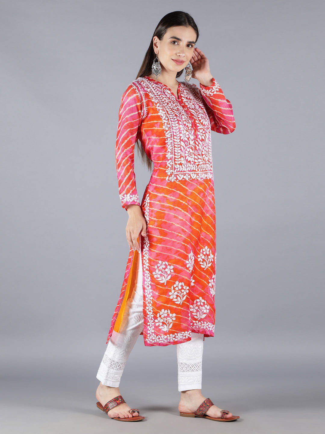 Chikankari Orange Kota Kurta & Palazzo Set