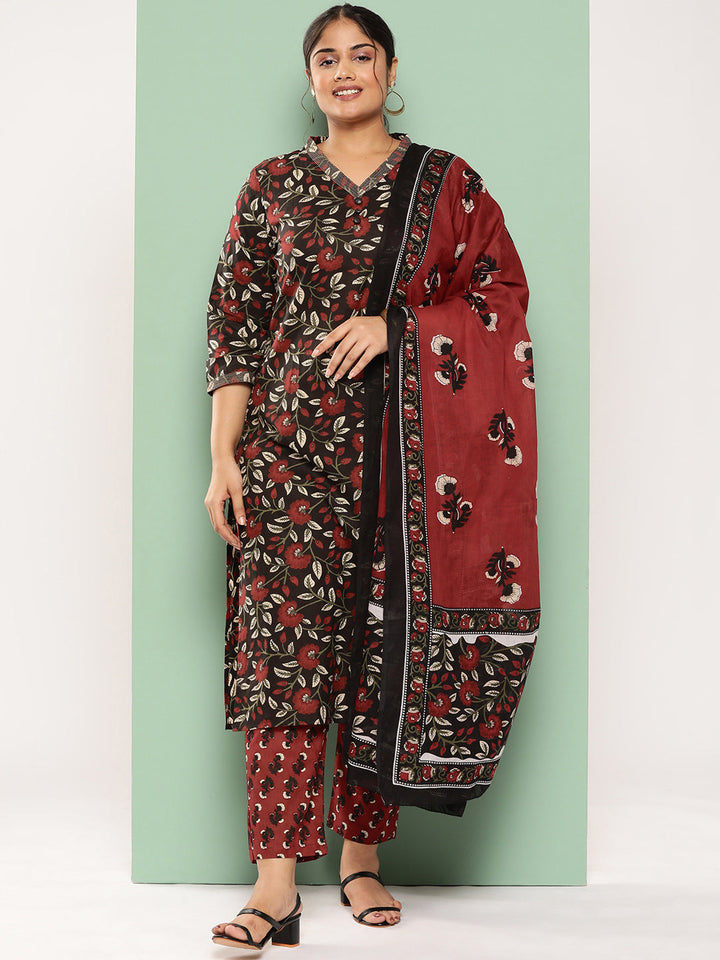 Floral-Printed-Pure-Cotton-Kurta-With-Trousers-&-With-Dupatta-9459PSKDBK