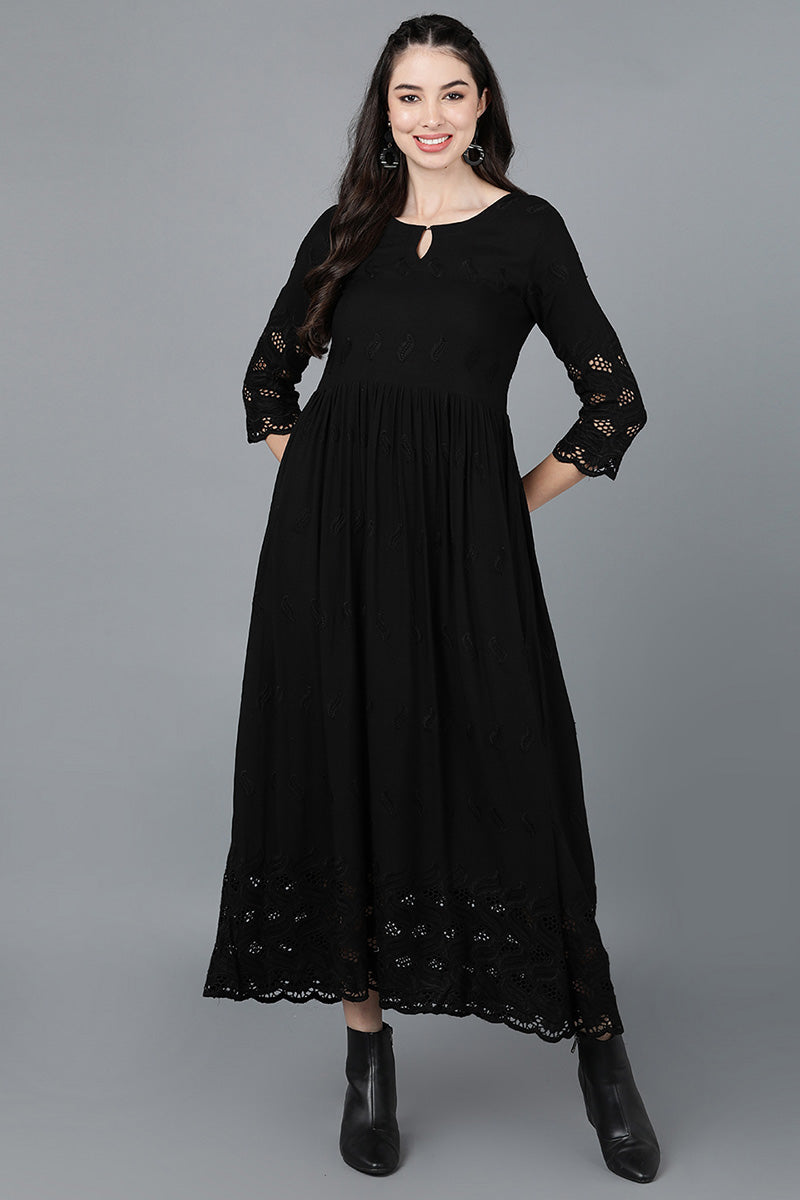 Solid Black Cotton Schiffli Laced Long Dress