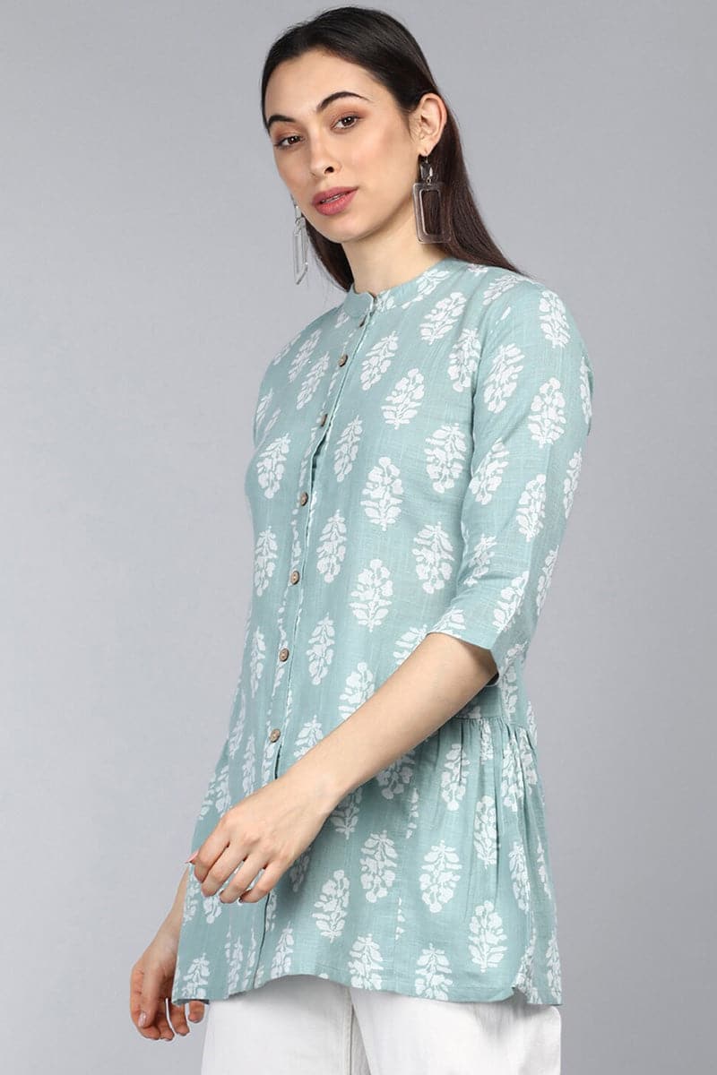 ZERESOUQ-Pista-Green-Cotton-Ethnic-Motifs-Ajrakh-Printed-Tunic-Top